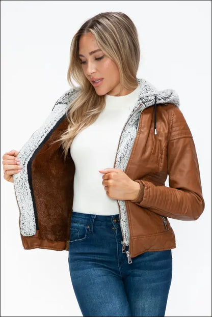 YMI Faux Layered Double-Zipper Jacket with Fuzzy Hood