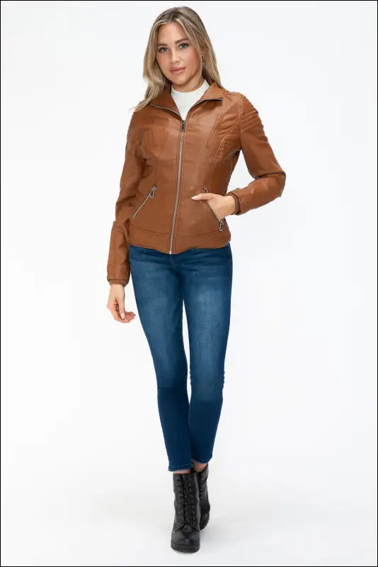 YMI Faux Layered Double-Zipper Jacket with Fuzzy Hood