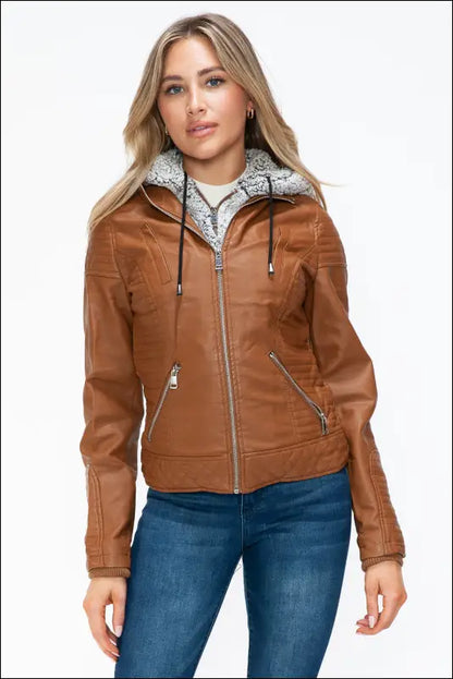 YMI Faux Layered Double-Zipper Jacket with Fuzzy Hood - Camel / S