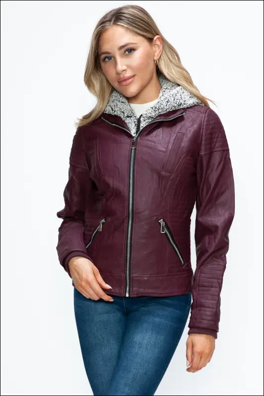 YMI Faux Layered Double-Zipper Jacket with Fuzzy Hood - Wine / S