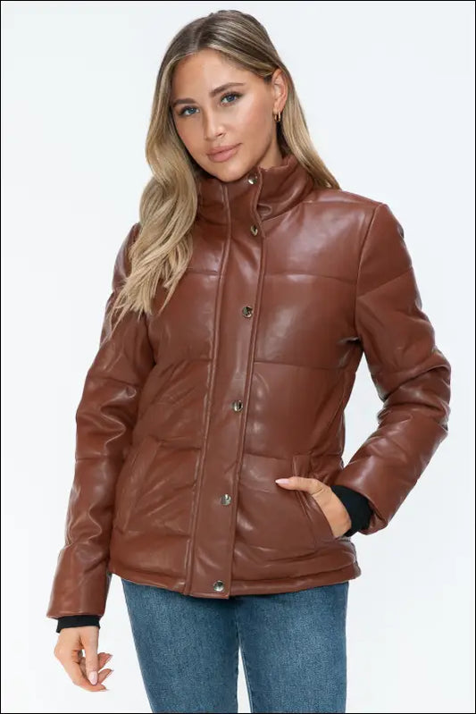 YMI Pocketed Zip Up Turtleneck Puffer Jacket - Brandy / S