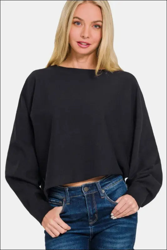 Zenana Asymmetric Hem Long Sleeve Sweater - Black / S