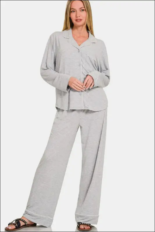 Zenana Button Down Long Sleeve Top and Pants Lounge Set - Light Gray / S