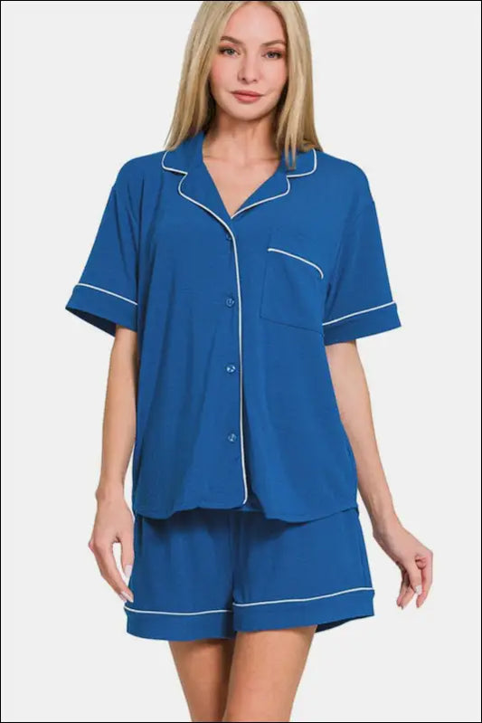 Zenana Button Down Short Sleeve Top and Shorts Lounge Set - Classic Blue / S