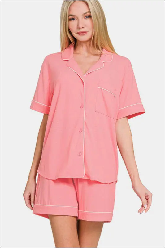 Zenana Button Down Short Sleeve Top and Shorts Lounge Set - DK PINK / S