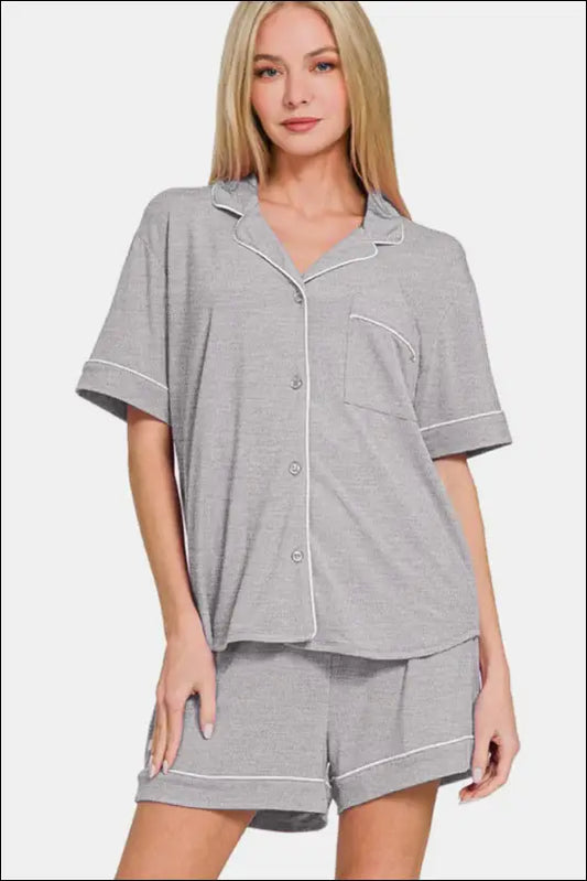 Zenana Button Down Short Sleeve Top and Shorts Lounge Set - Light Gray / S