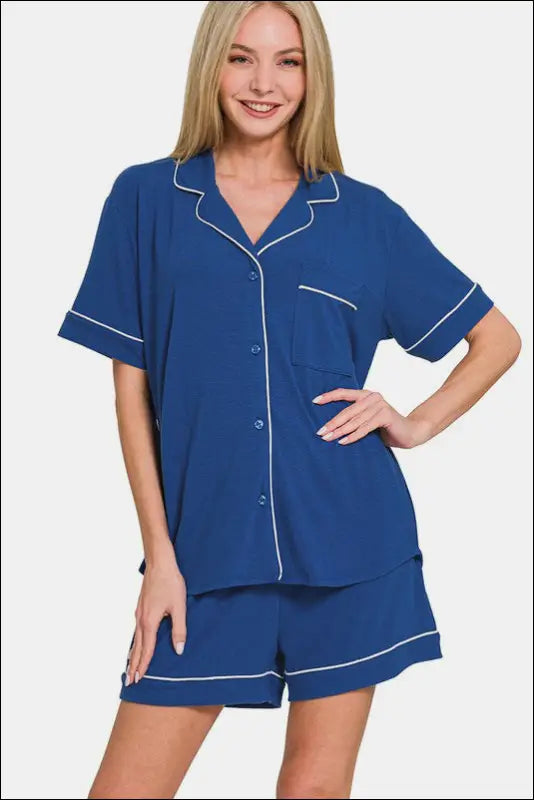 Zenana Button Down Short Sleeve Top and Shorts Lounge Set - Navy / S