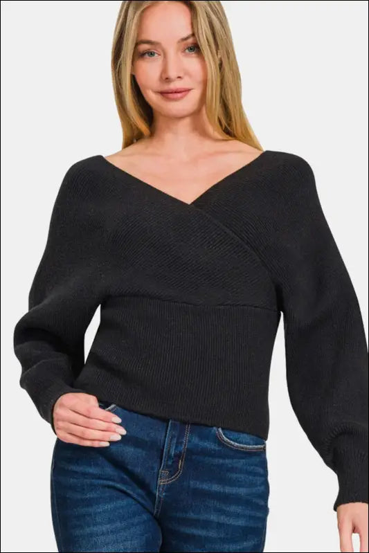 Zenana Cross Wrap Rib Long Sleeve Sweater - Black / S