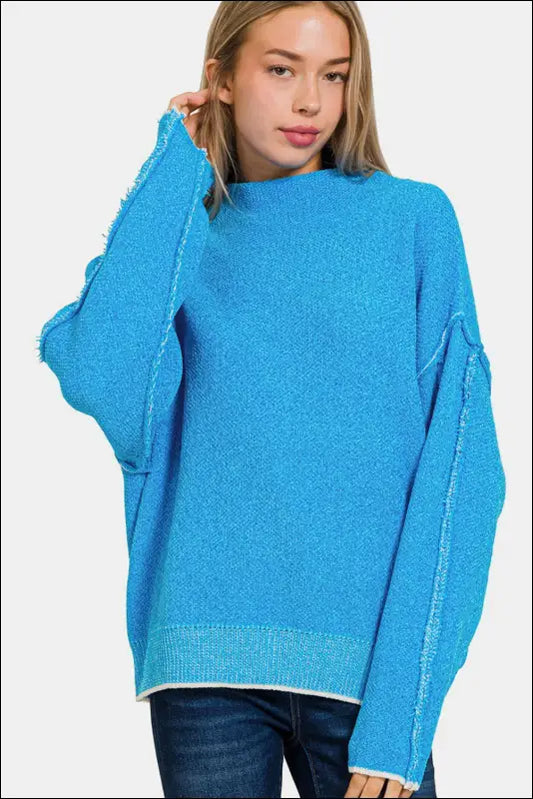 Zenana Exposed Seam Mock Neck Long Sleeve Sweater - Deep Sky / S/M