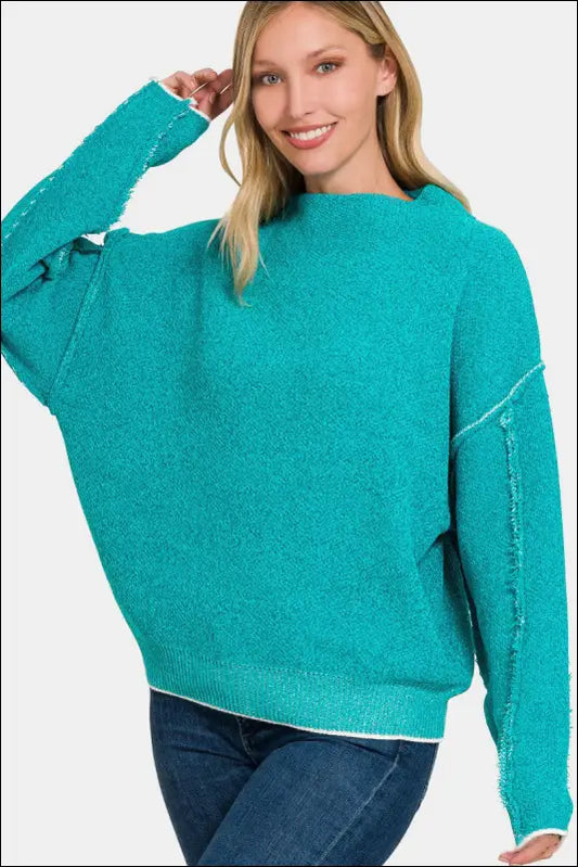 Zenana Exposed Seam Mock Neck Long Sleeve Sweater - Lt Teal / S/M