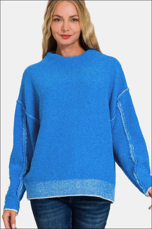 Zenana Exposed Seam Mock Neck Long Sleeve Sweater - Ocean Blue / S/M