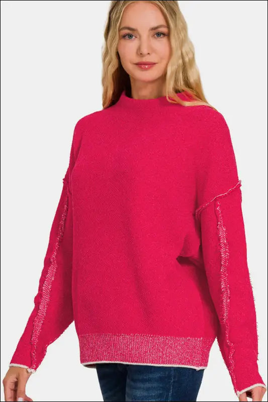 Zenana Exposed Seam Mock Neck Long Sleeve Sweater - Viva Magenta / S/M