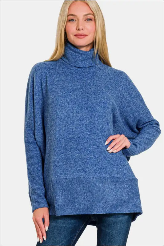 Zenana Full Size Brushed Melange Hacci Turtleneck Sweater - Lt Navy / S/M