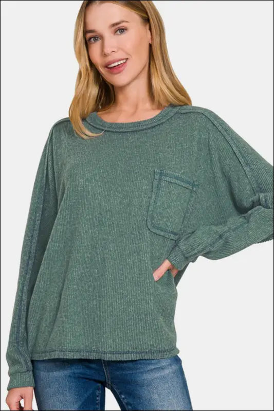 Zenana Full Size Contrast Stitching Brushed Ribbed Hacci Knit Top - ASH JADE / S/M