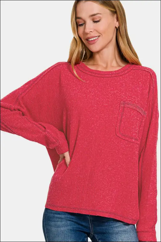 Zenana Full Size Contrast Stitching Brushed Ribbed Hacci Knit Top - Red / S/M