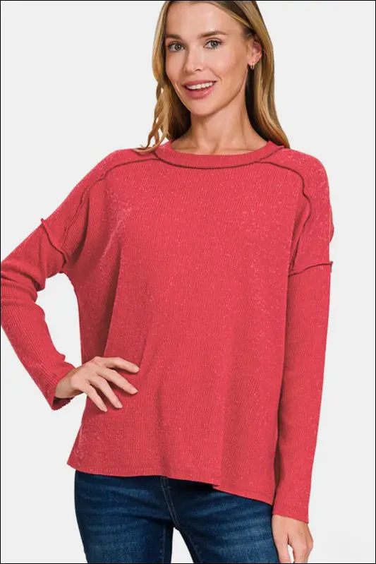 Zenana Full Size Exposed Seam Brushed Round Neck Sweater - Red / S/M