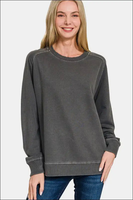 Zenana Full Size Pigment Dyed French Terry Sweatshirt - Black / S