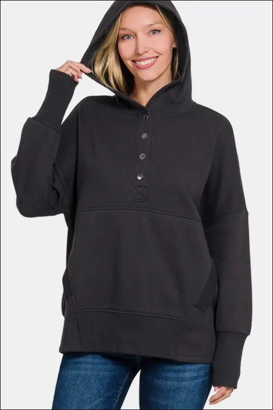 Zenana Half Snap Long Sleeve Hoodie with Kangaroo Pocket - Black / S/M