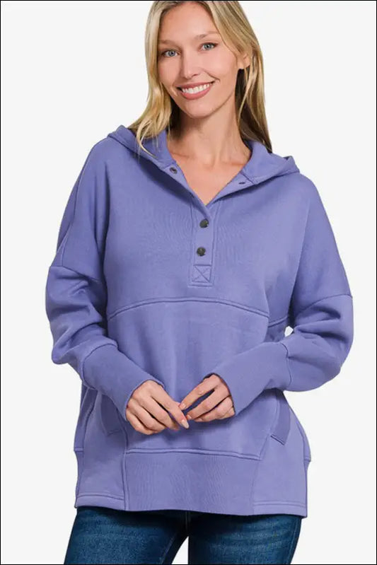 Zenana Half Snap Long Sleeve Hoodie with Kangaroo Pocket - Blue Purple / S/M - Brushed Hacci Drop Shoulder Cropped