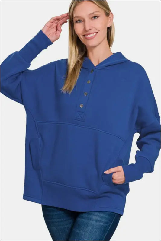 Zenana Half Snap Long Sleeve Hoodie with Kangaroo Pocket - Navy / S/M - Brushed Hacci Drop Shoulder Cropped