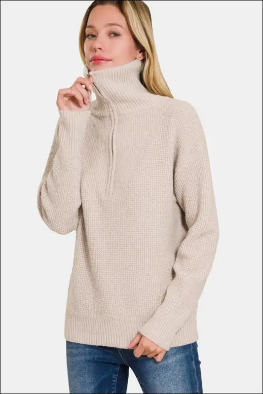 Zenana Half Zip Long Sleeve Sweater - Mocha / S