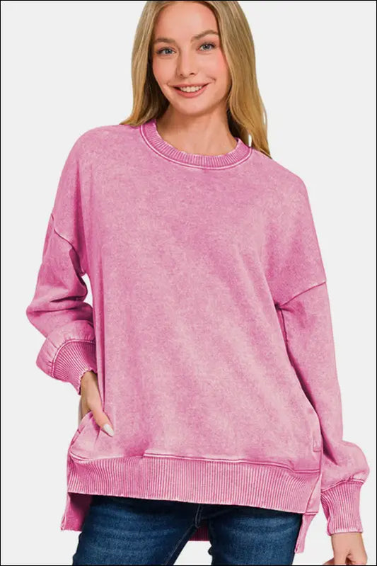 Zenana High-Low Acid Wash Fleece Sweatshirt - Dusty Pink / S