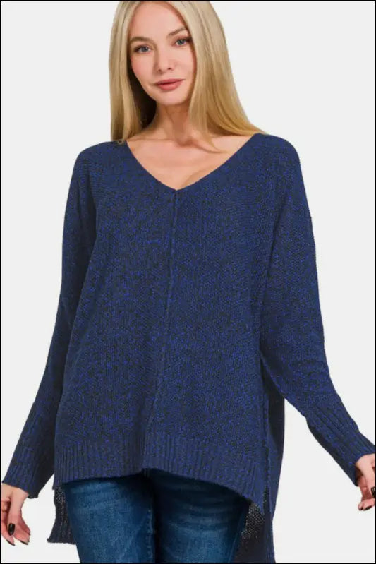 Zenana High-Low Center Seam V-Neck Sweater - Dark Navy / S