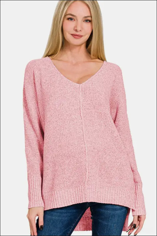 Zenana High-Low Center Seam V-Neck Sweater - Dusty Pink / S