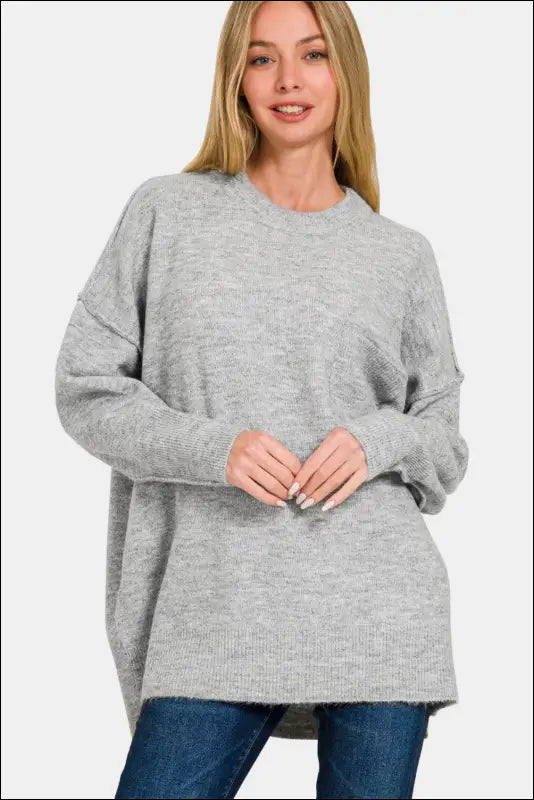 Zenana High-Low Hem Drop Shoulder Sweater - Grey / S/M