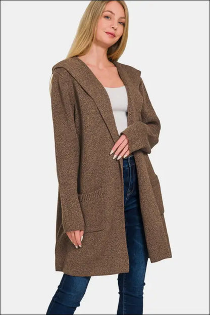 Zenana Hooded Open Front Sweater Cardigan - Brown / S