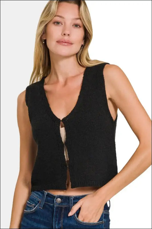 Zenana Hook and Eye Closure V-Neck Sweater Vest - Black / S