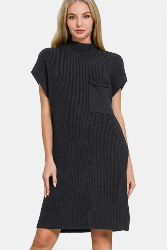 Zenana Mock Neck Short Sleeve Sweater Dress - Black / S