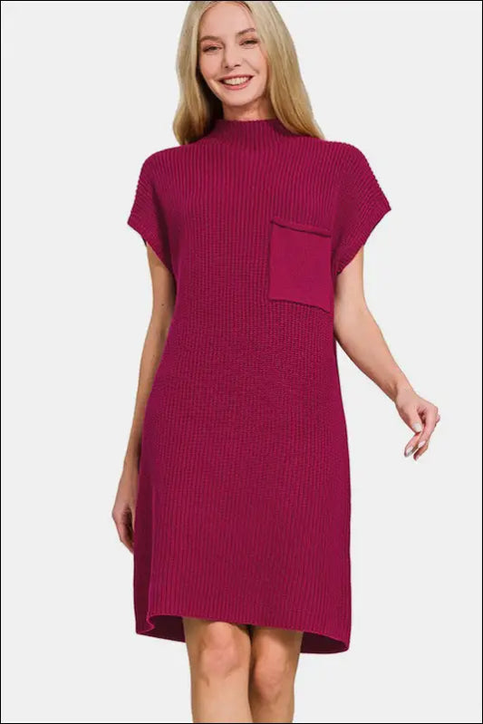 Zenana Mock Neck Short Sleeve Sweater Dress - Cabernet / S