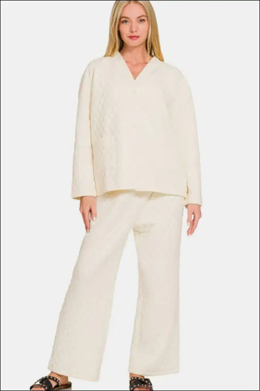 Zenana Quilted Button Up Long Sleeve Top and Pants Lounge Set - Cream / S