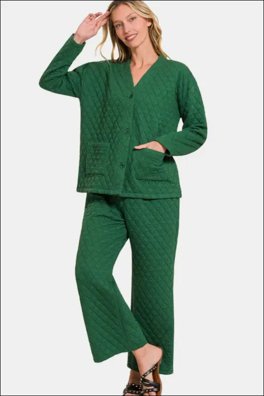 Zenana Quilted Button Up Long Sleeve Top and Pants Lounge Set - Dark Green / S