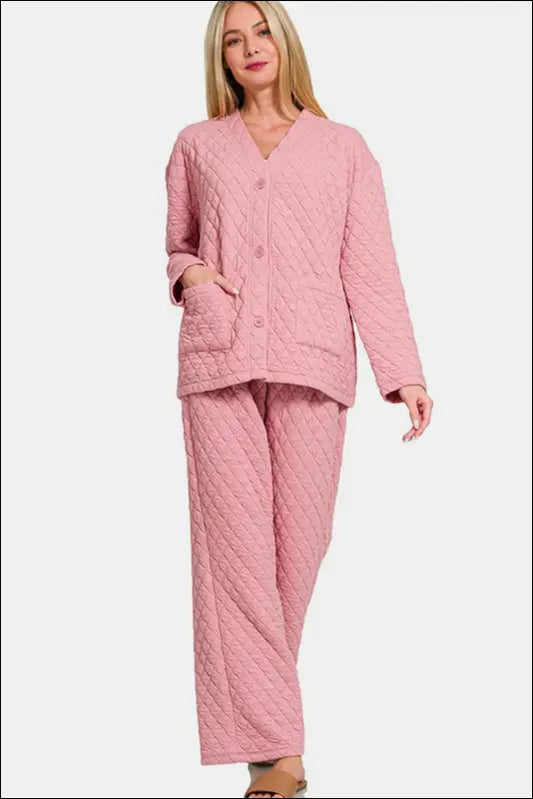 Zenana Quilted Button Up Long Sleeve Top and Pants Lounge Set - Dusty Pink / S