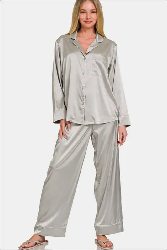 Zenana Satin Long Sleeve Shirt and Pants Pajama Set - Silver / S