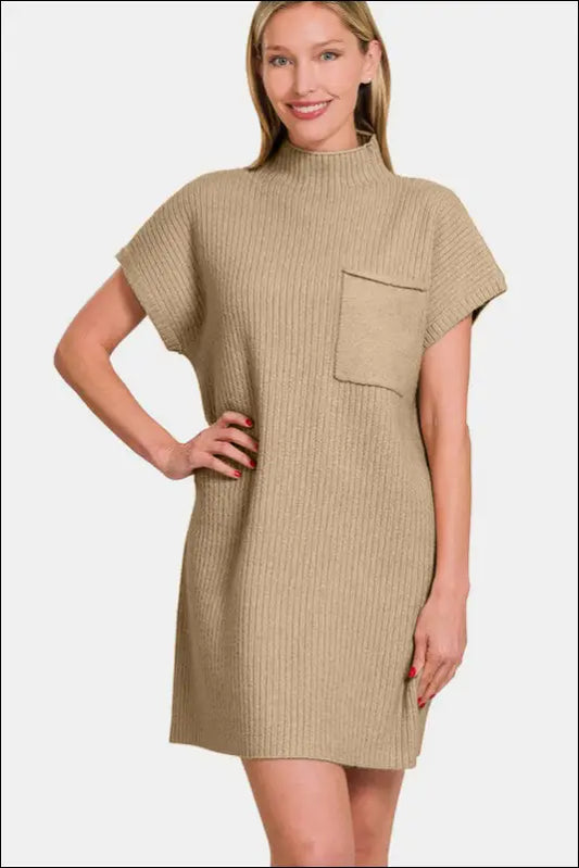 Zenana Short Sleeve Sweater Mini Dress - Camel / S