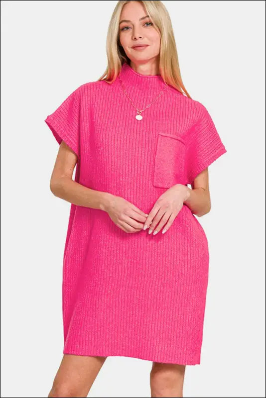 Zenana Short Sleeve Sweater Mini Dress - Hot Pink / S