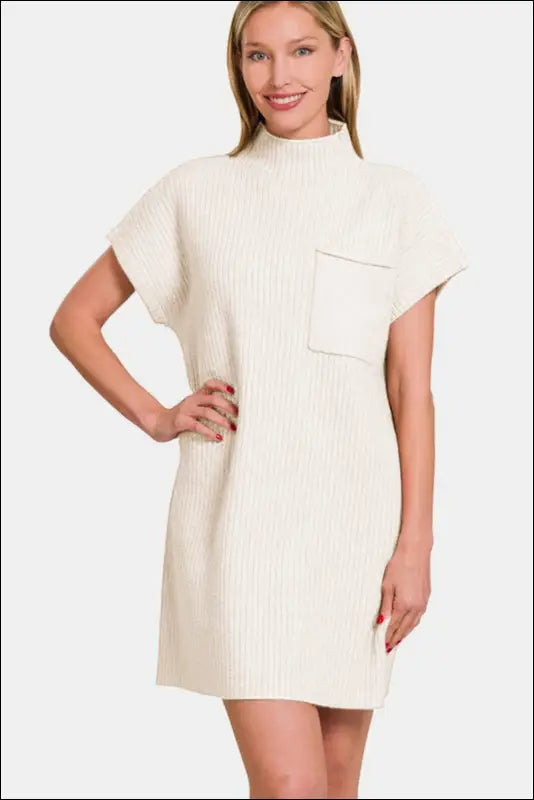 Zenana Short Sleeve Sweater Mini Dress - Ivory / S