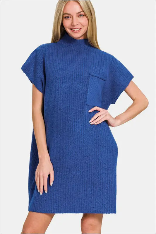 Zenana Short Sleeve Sweater Mini Dress - Navy / S