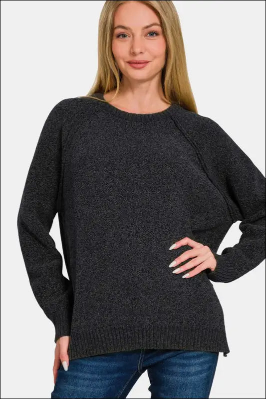 Zenana Side Slit Raglan Sleeve Sweater - Black / S