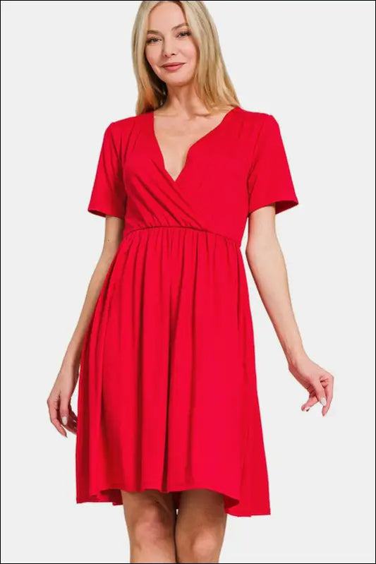 Zenana Surplice Short Sleeve Brushed DTY Dress - Red / S