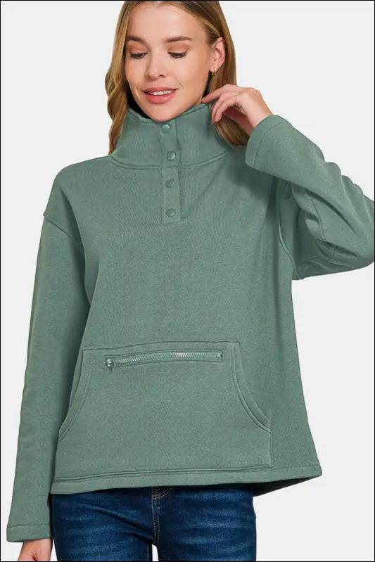 Zenana Turtleneck Half Snap Fleece Sweatshirt - Ash Jade / S