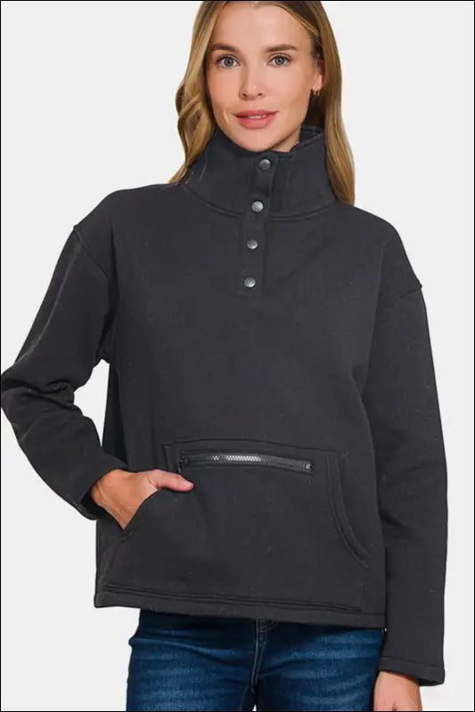 Zenana Turtleneck Half Snap Fleece Sweatshirt - Black / S