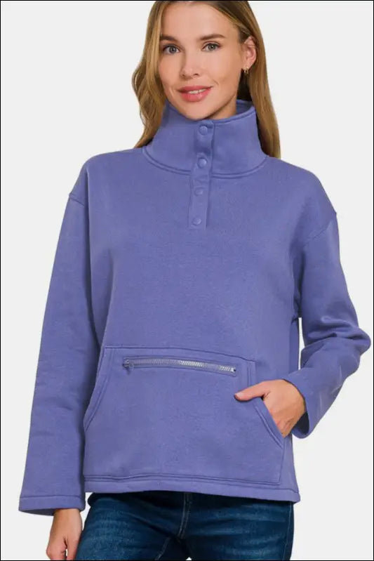 Zenana Turtleneck Half Snap Fleece Sweatshirt - Blue Purple / S