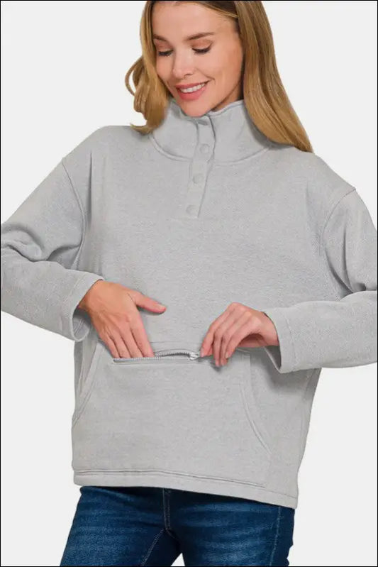 Zenana Turtleneck Half Snap Fleece Sweatshirt - Gray / S