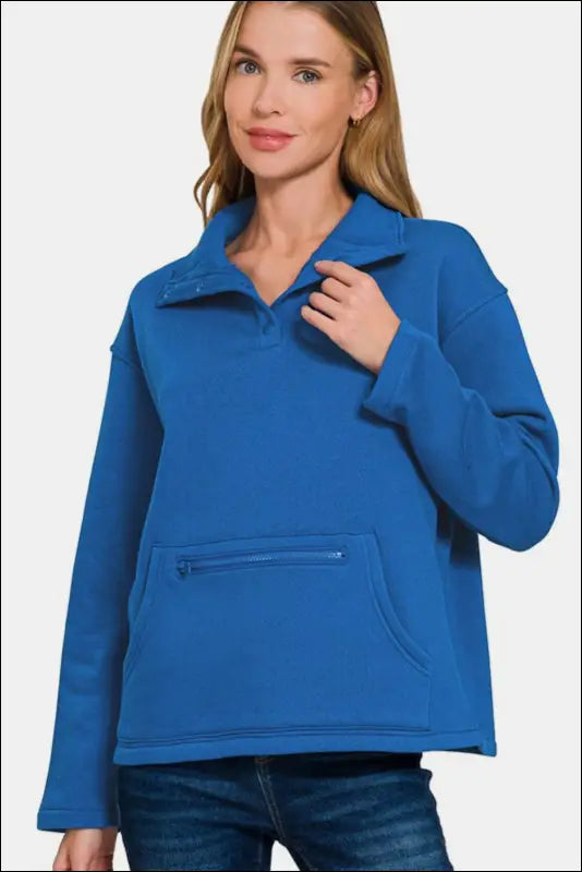 Zenana Turtleneck Half Snap Fleece Sweatshirt - Royal Blue / S