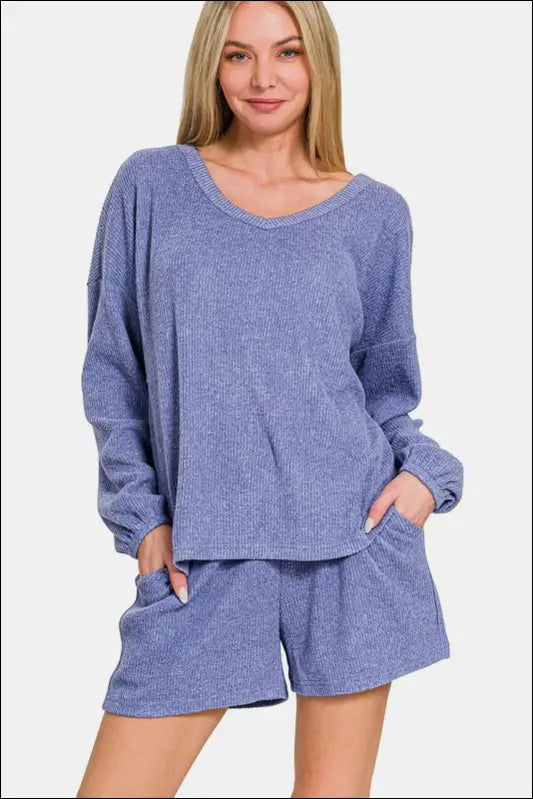 Zenana Half Snap Long Sleeve Hoodie with Kangaroo Pocket - Blue Purple / S - Brushed Hacci Drop Shoulder Cropped