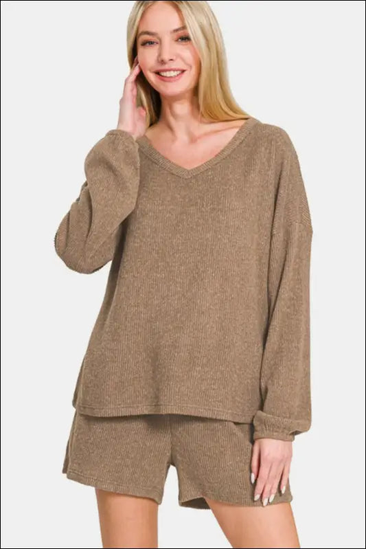 Zenana V-Neck Long Sleeve Ribbed Top and Shorts Set - Camel / S - Brushed Hacci Drop Shoulder Cropped Hoodie